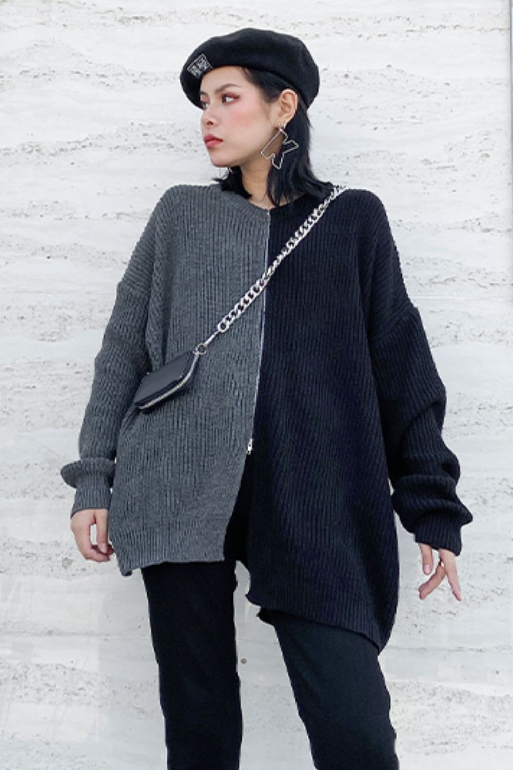 Two-Tone Round Neck Slit Rib-Knit Sweater