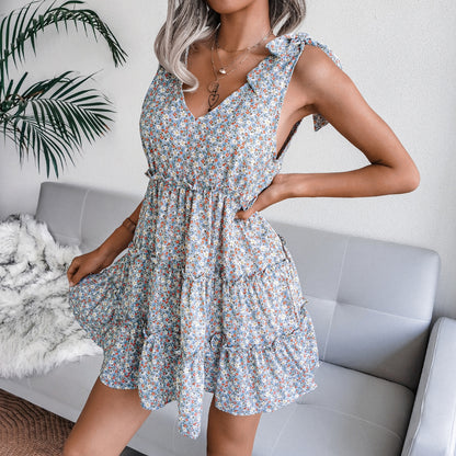 Floral Tie Shoulder Tiered Mini Dress