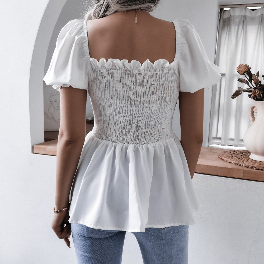 Smocked Puff Sleeve Peplum Top