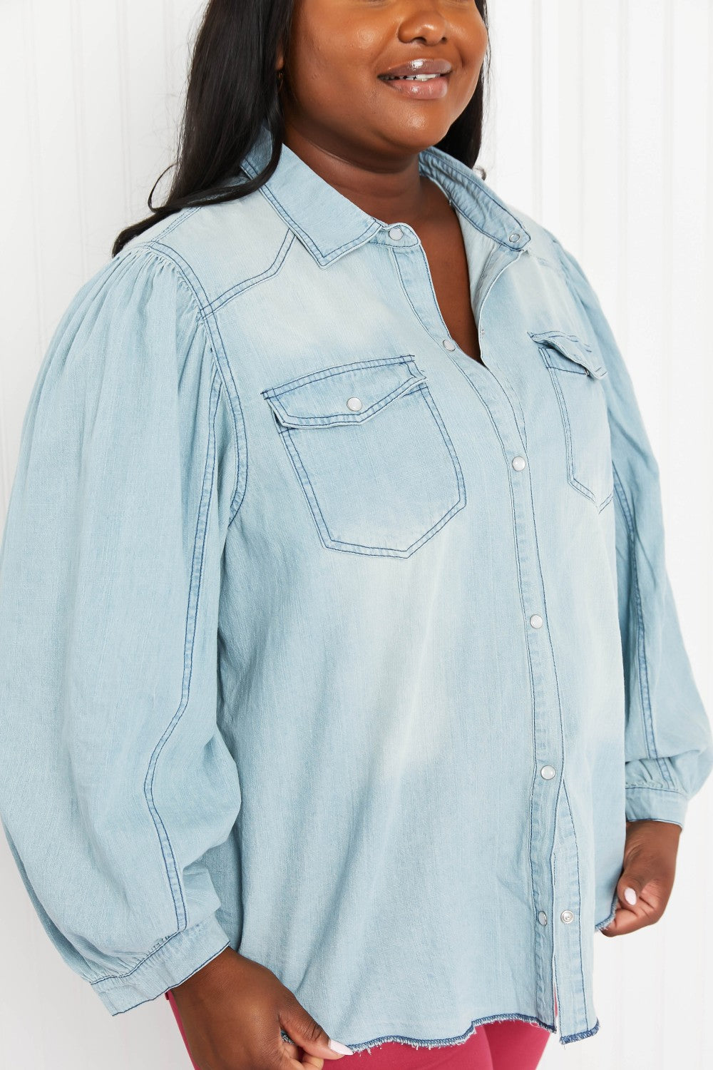 Davi & Dani Sitting Fireside Full Size Button Down Denim Shirt