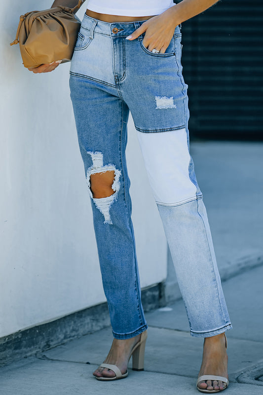 Distressed Color Block Straight Leg Jeans