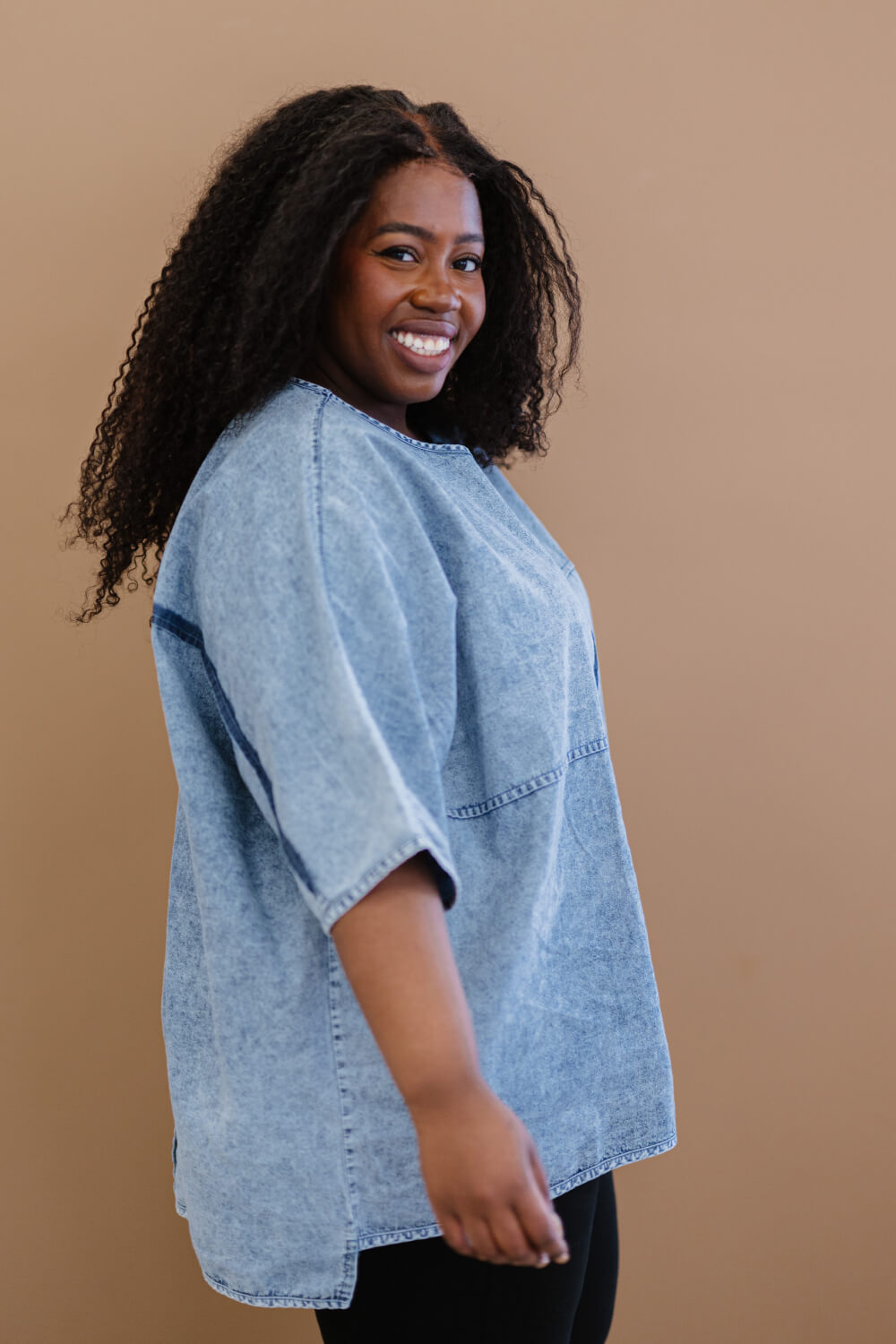 Zenana Out of the Blue Full Size Run Chambray High-Low Top