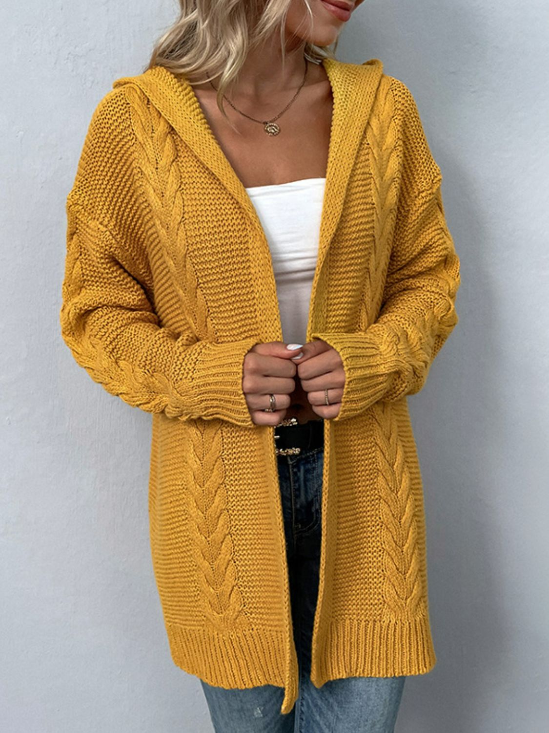 Cable-Knit Longline Hooded Cardigan