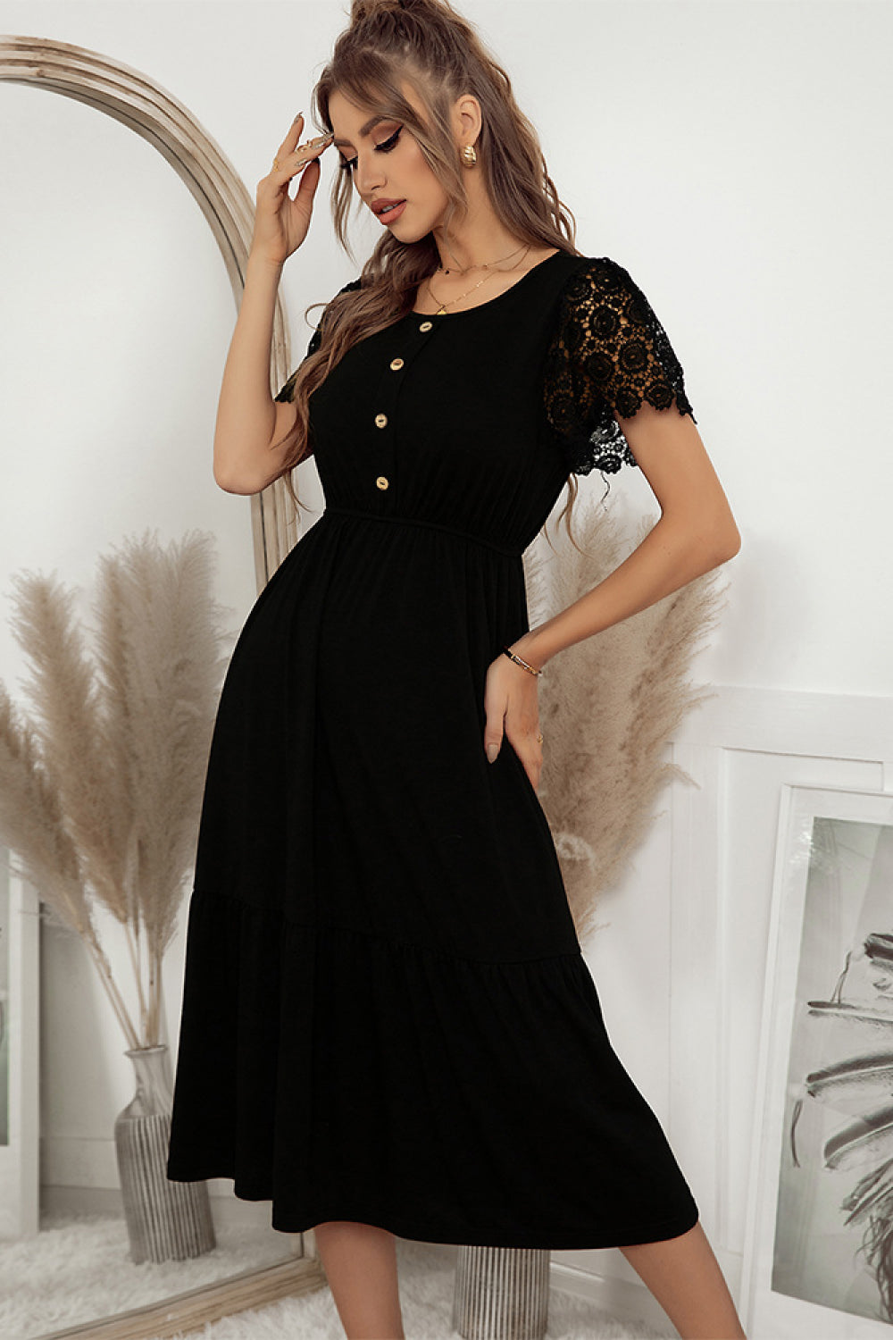 Lace Sleeve Tiered Midi Dress with Button Detail