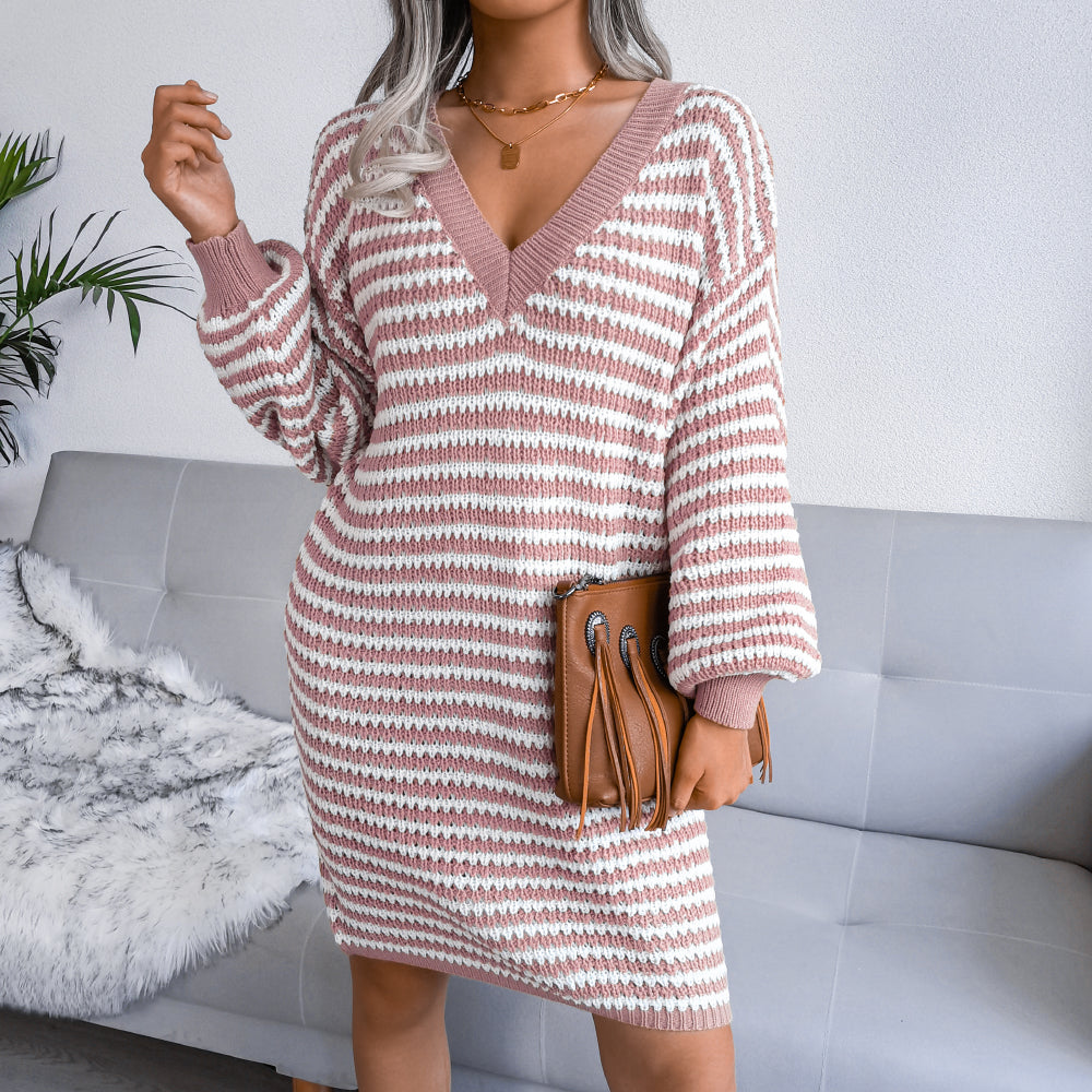 Striped Lantern Sleeve Mini Sweater Dress