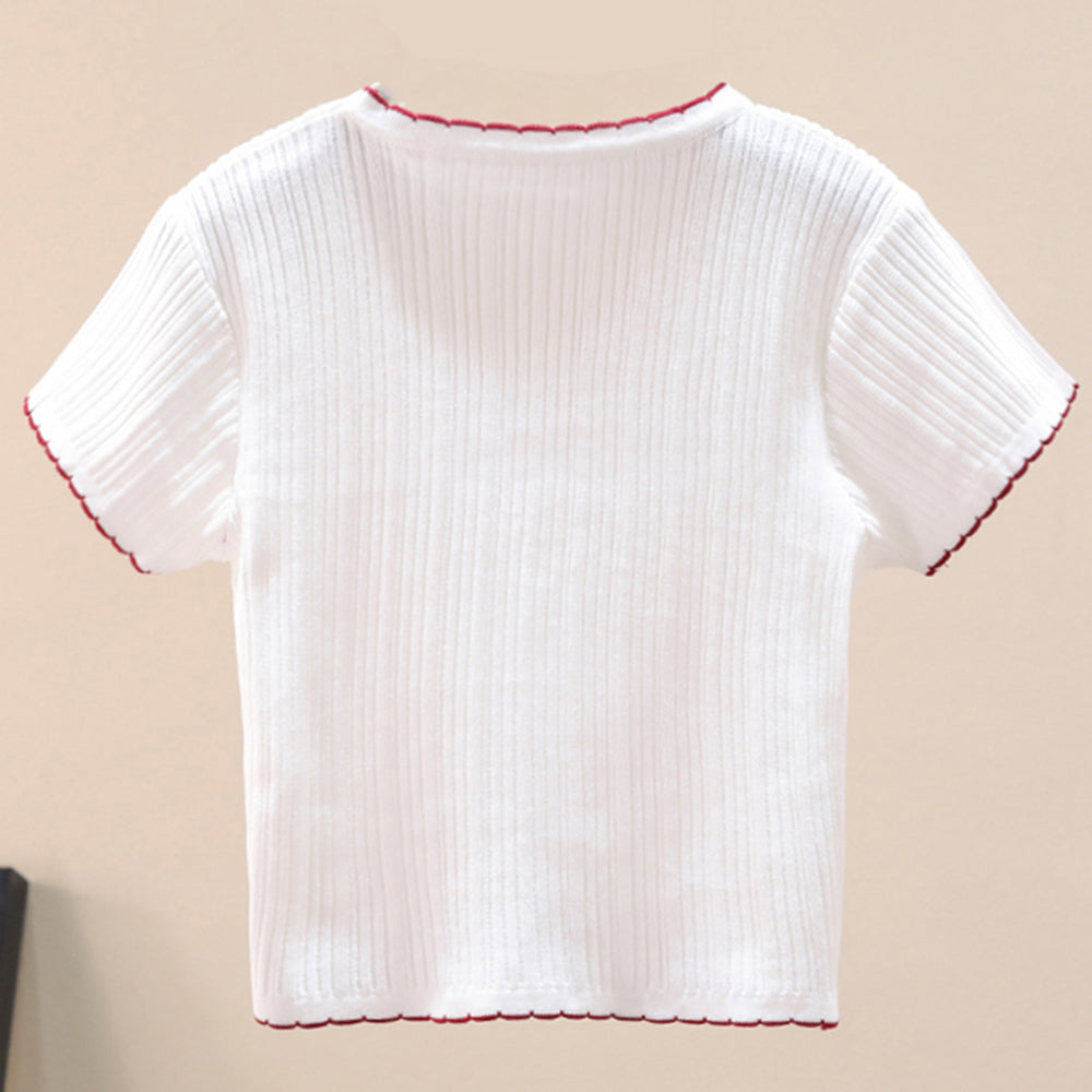 Contrast Decorative Button Short Sleeve Knit Top