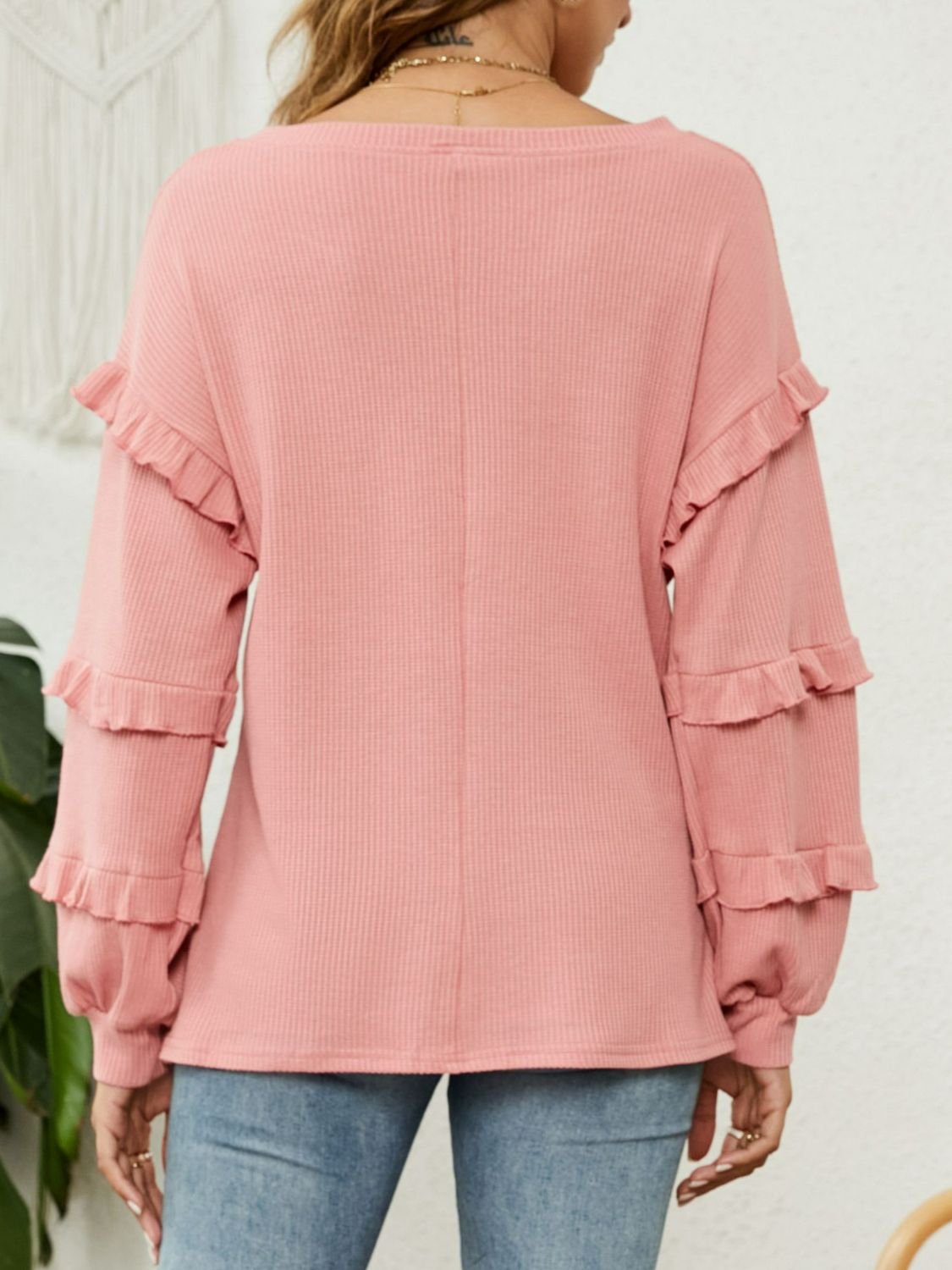 Waffle-Knit Ruffled V-Neck Top