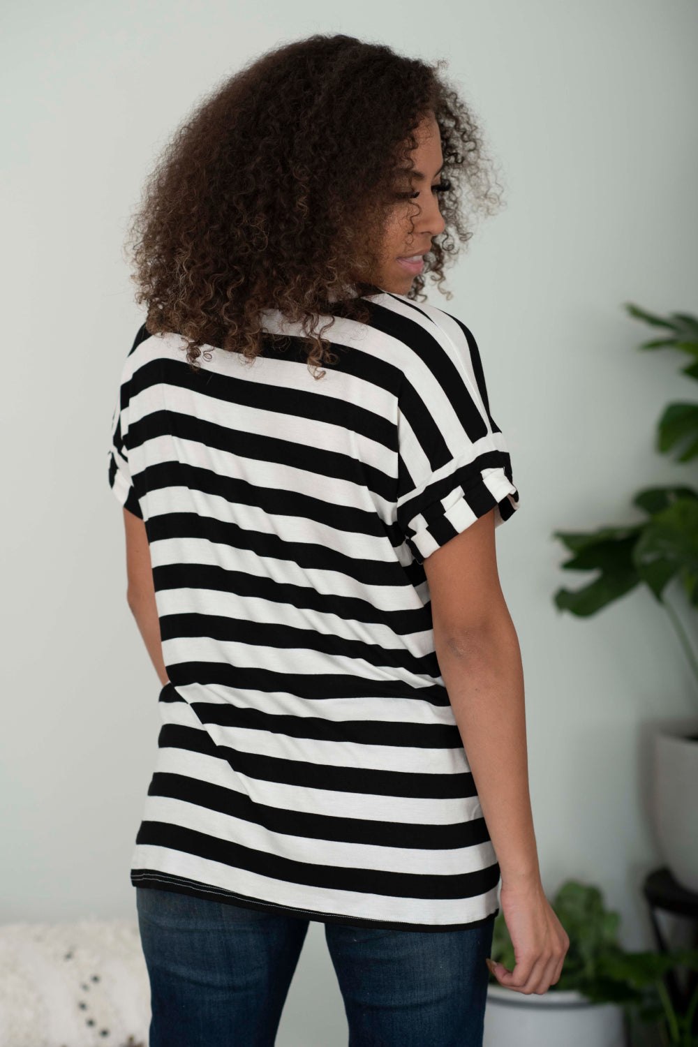 Sew In Love Out and About Full Size Striped Pocket Tee in Black and Ivory