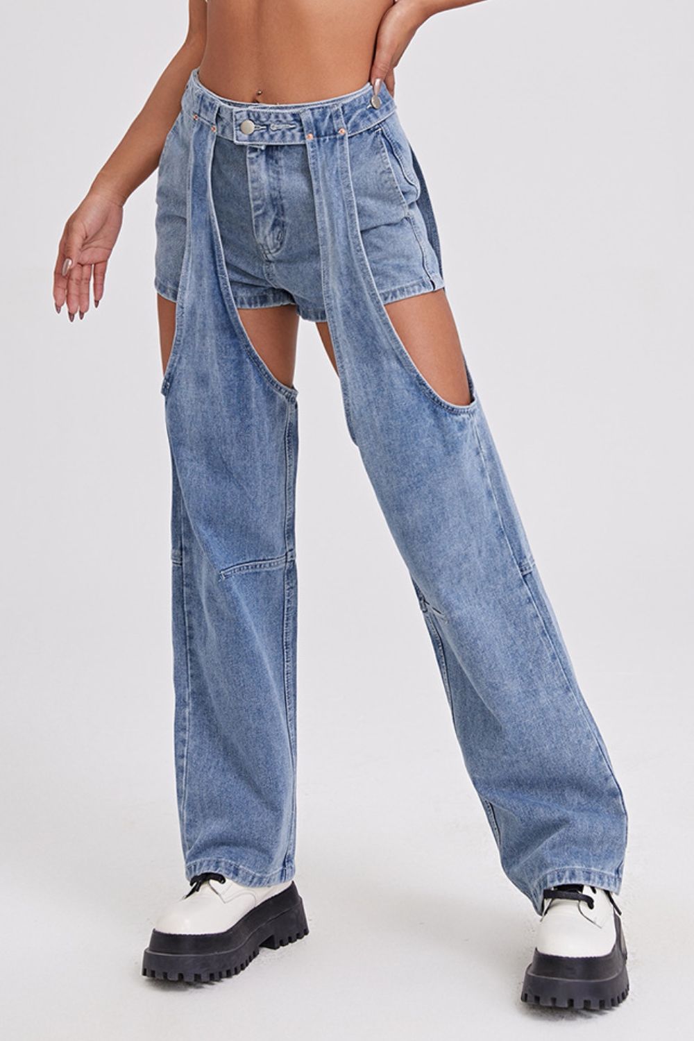 Straight Leg Detachable Jeans with Pockets