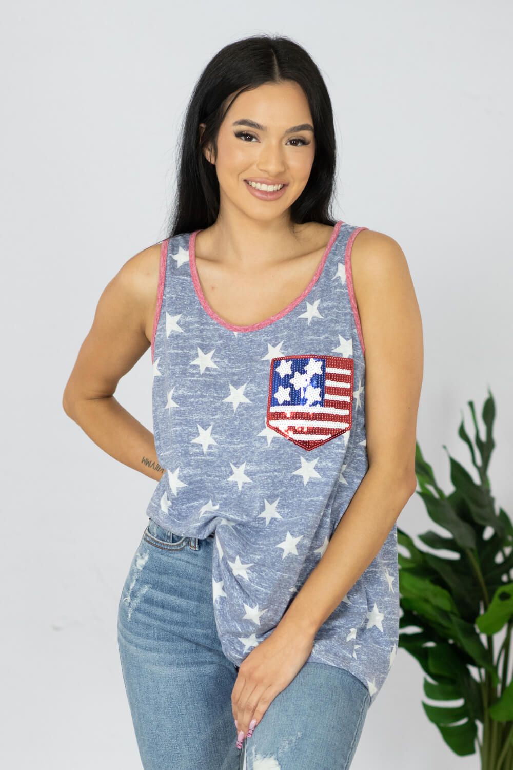 e. Luna Star Spangled Full Size Printed Sequin Pocket Tank