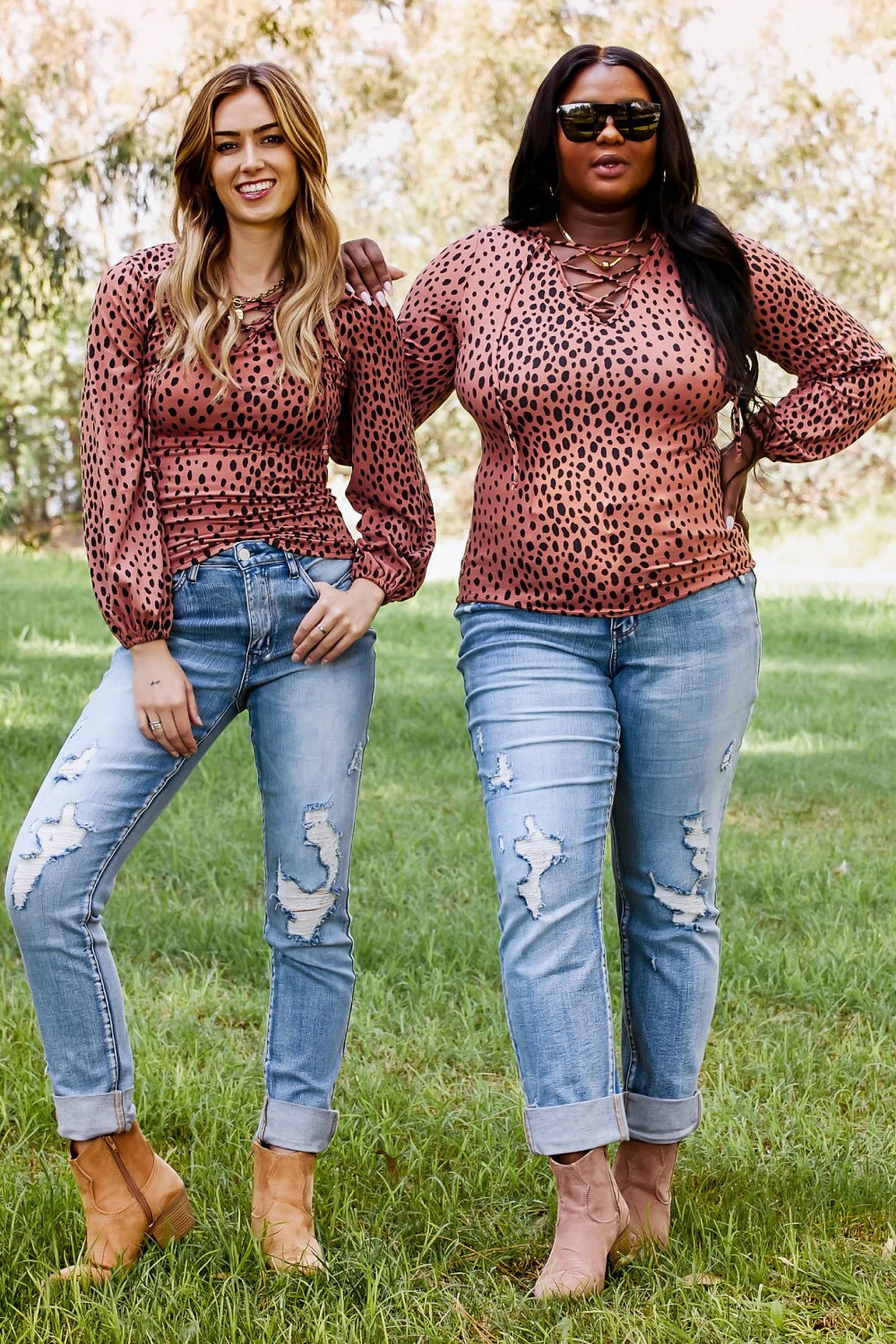 Sugarfox Wild Living  Full Size Leopard Lace-Up Top