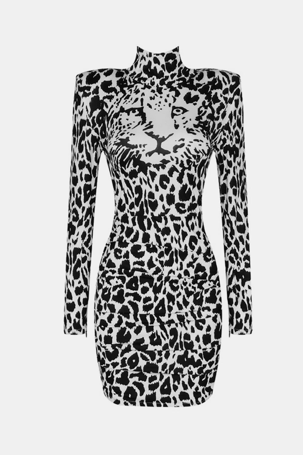 Leopard Print High Neck Long Sleeve Dress