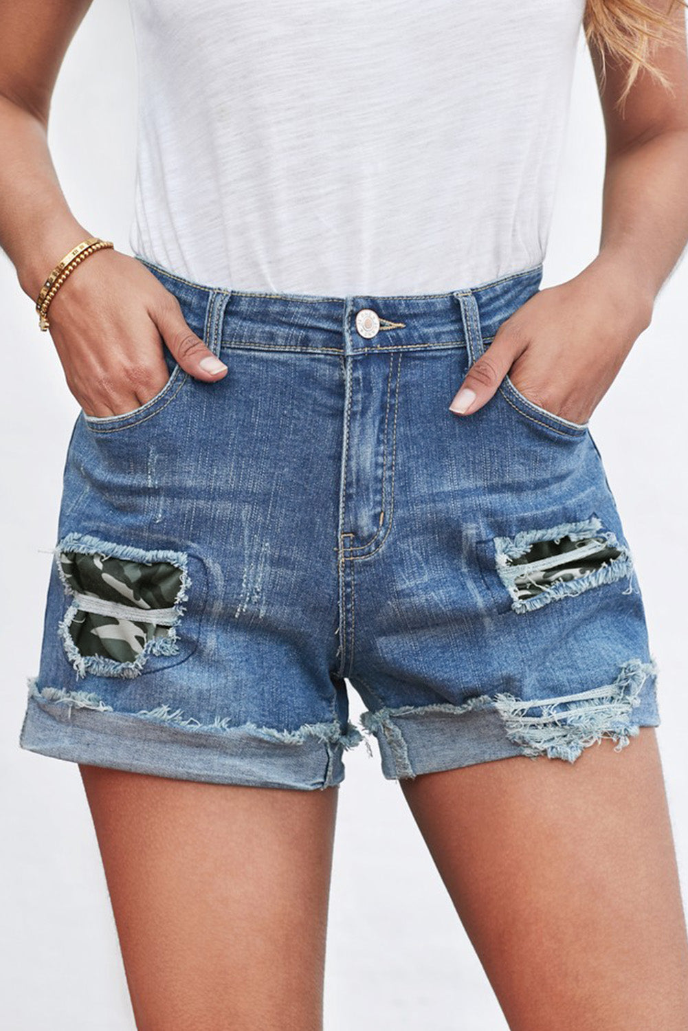 Camo Patchwork Denim Shorts