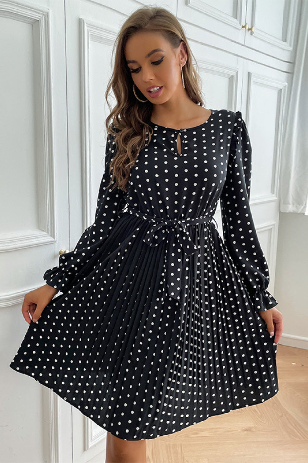 Polka Dot Tie Waist Pleated Dress