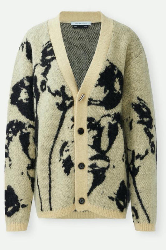 Abstract Print Silver Horn Button Cardigan Sweater