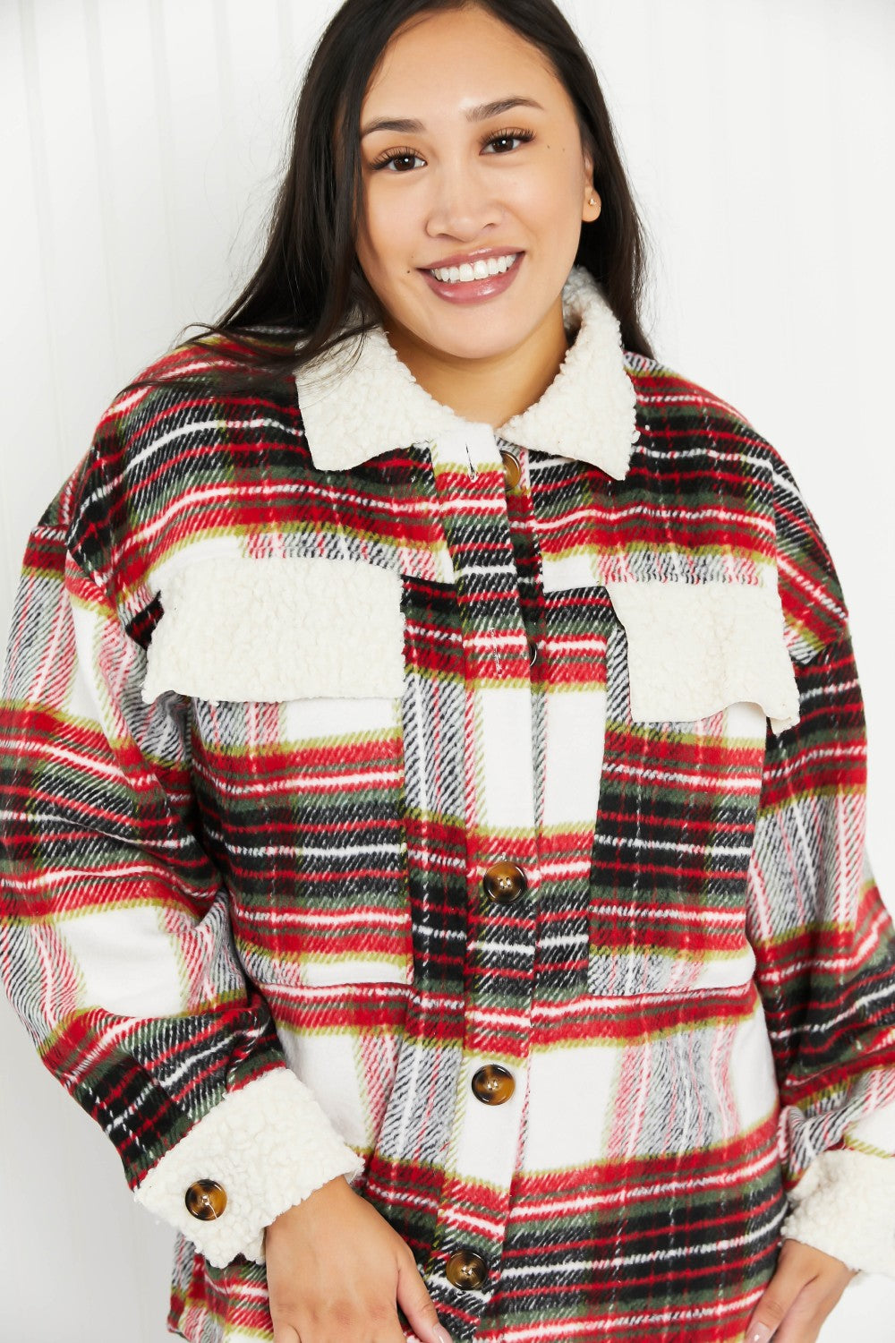 Davi & Dani Fresh Fall Vibes Full Size Plaid Button Down Jacket with Teddy Trim