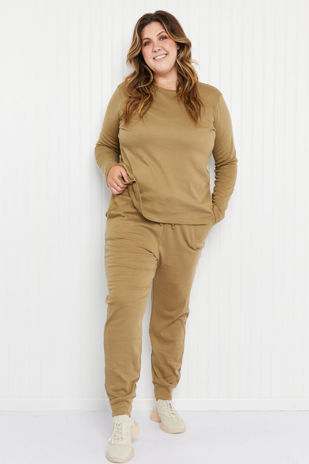 Zenana Comfy and Cozy Full Size Run Lounge Set in Khaki