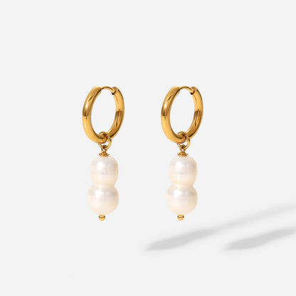 Double Pearl Pendant Huggie Hoop Earrings