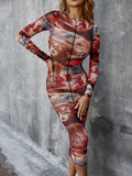 Printed Long Sleeve Crewneck Midi Bodycon Dress