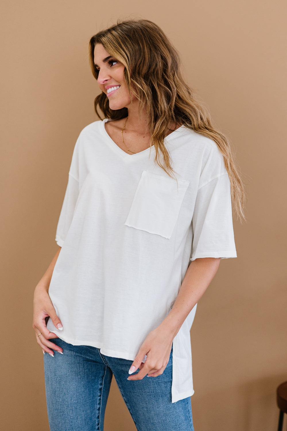 Zenana All-Nighter Full Size Run High-Low V-Neck Tee in Ivory