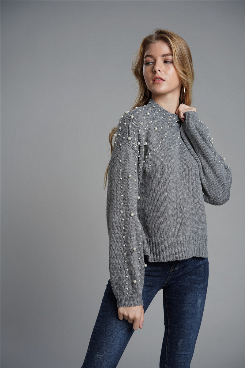 Faux Pearl Detail Mock Neck Sweater