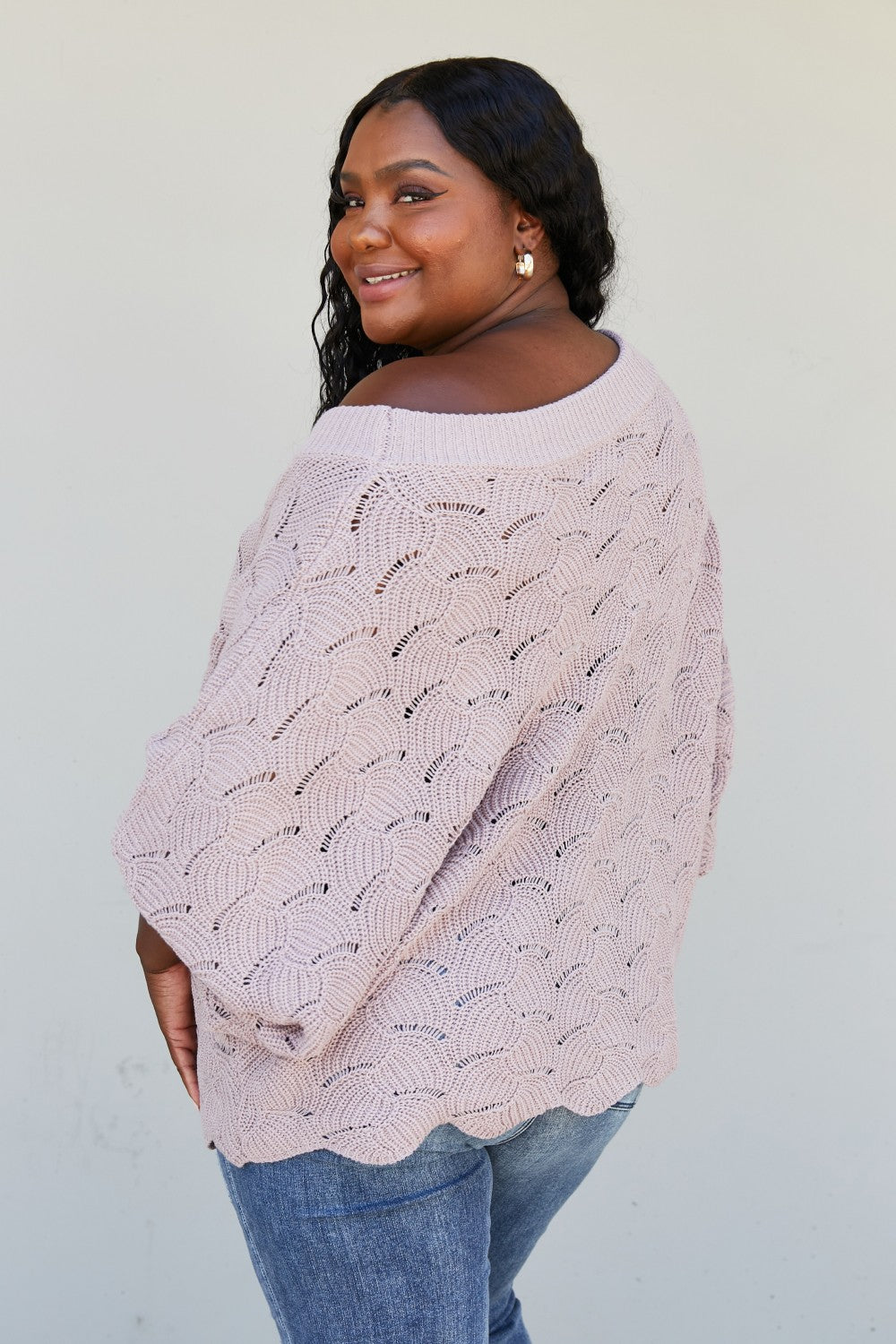 Sweet Lovely by Jen Drift Away Full Size Scallop Sweater