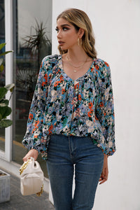 Floral Pleated Detail V-Neck Blouse