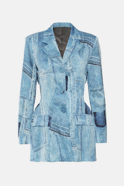 Cutout Single-Breasted Patchwork Denim Blazer