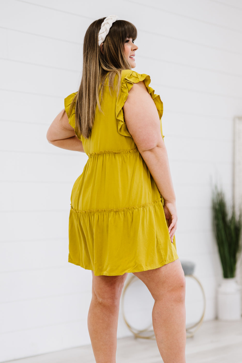 Zenana Call Me Later Full Size Tiered Mini Dress in Golden Wasabi