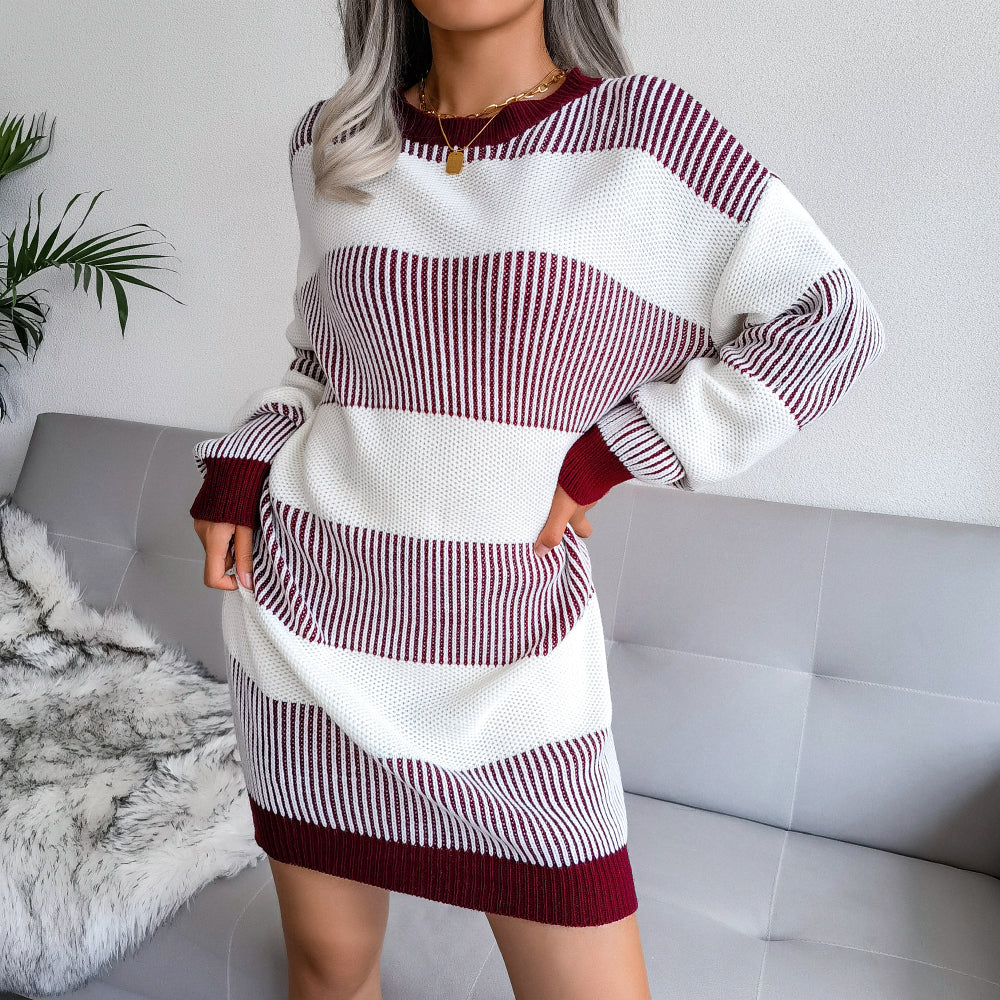 Striped Dropped Shoulder Long Sleeve Sweater Dress (Belt Not Included)