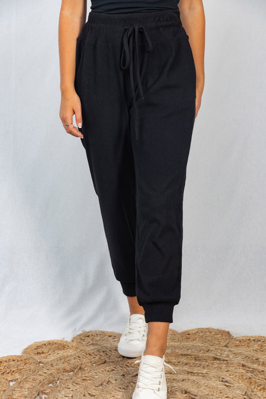 White Birch Full Size Drawstring Waist Rib-Knit Joggers with Pockets in Black