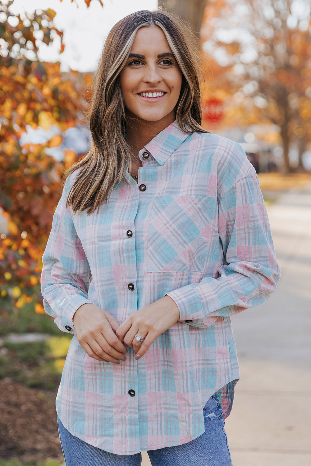 Plaid Button-Up Dropped Shoulder Shirt