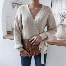 Load image into Gallery viewer, Rib-Knit Lantern Sleeve Wrap Sweater
