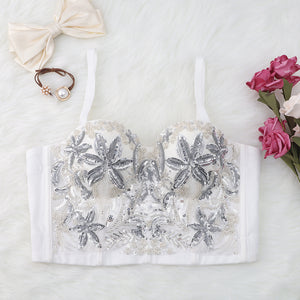 Sequined Floral Bustier with Beads