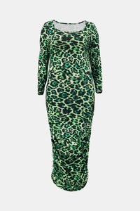 Plus Size Leopard Ruched Maxi Bodycon Dress