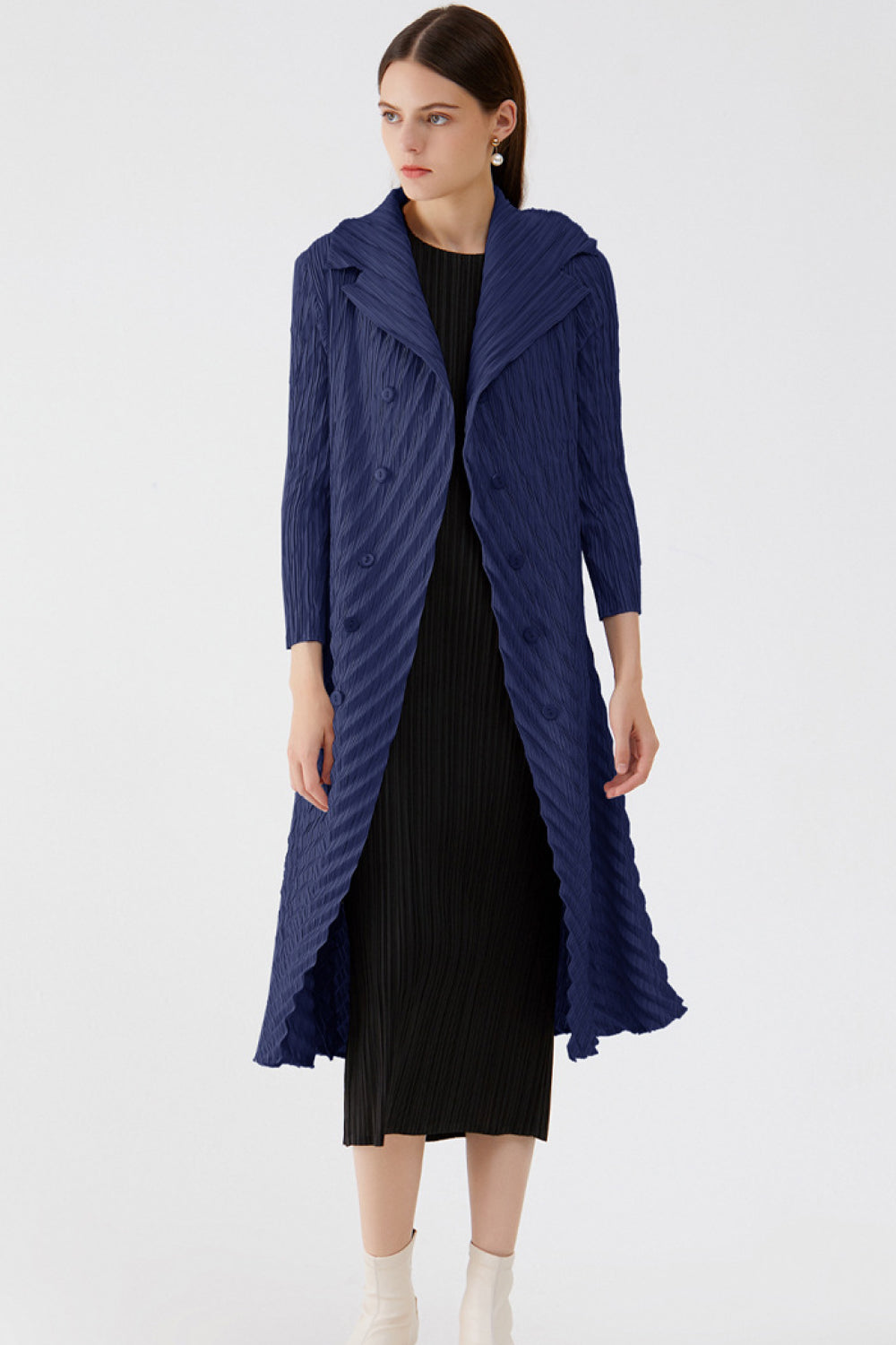 Accordion Pleated Double-Breasted Trench Coat