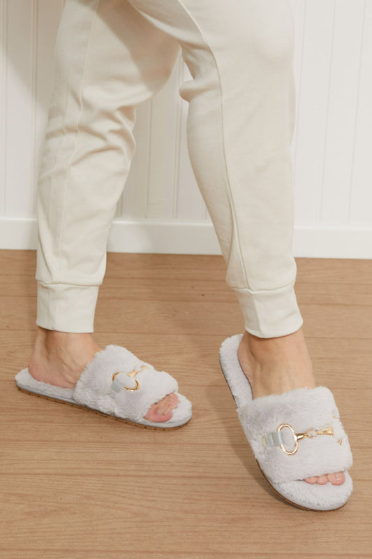 Qupid Those Quiet Moments Metal Detail Faux Fur Slide Slippers