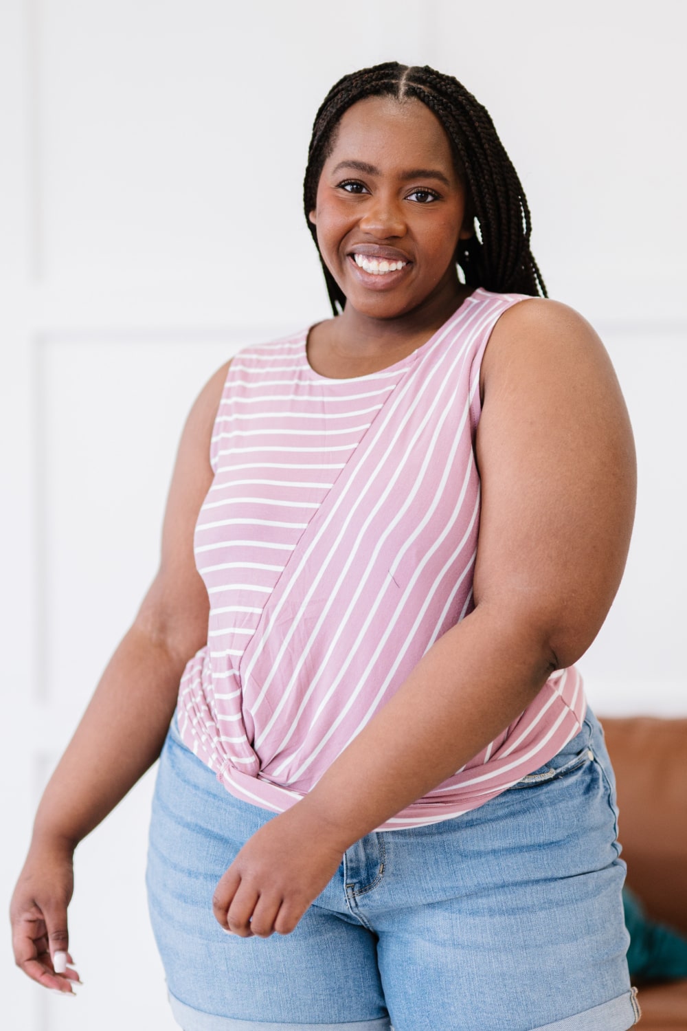 Zenana Just a City Girl Full Size Striped Twist Detail Tank in Light Rose