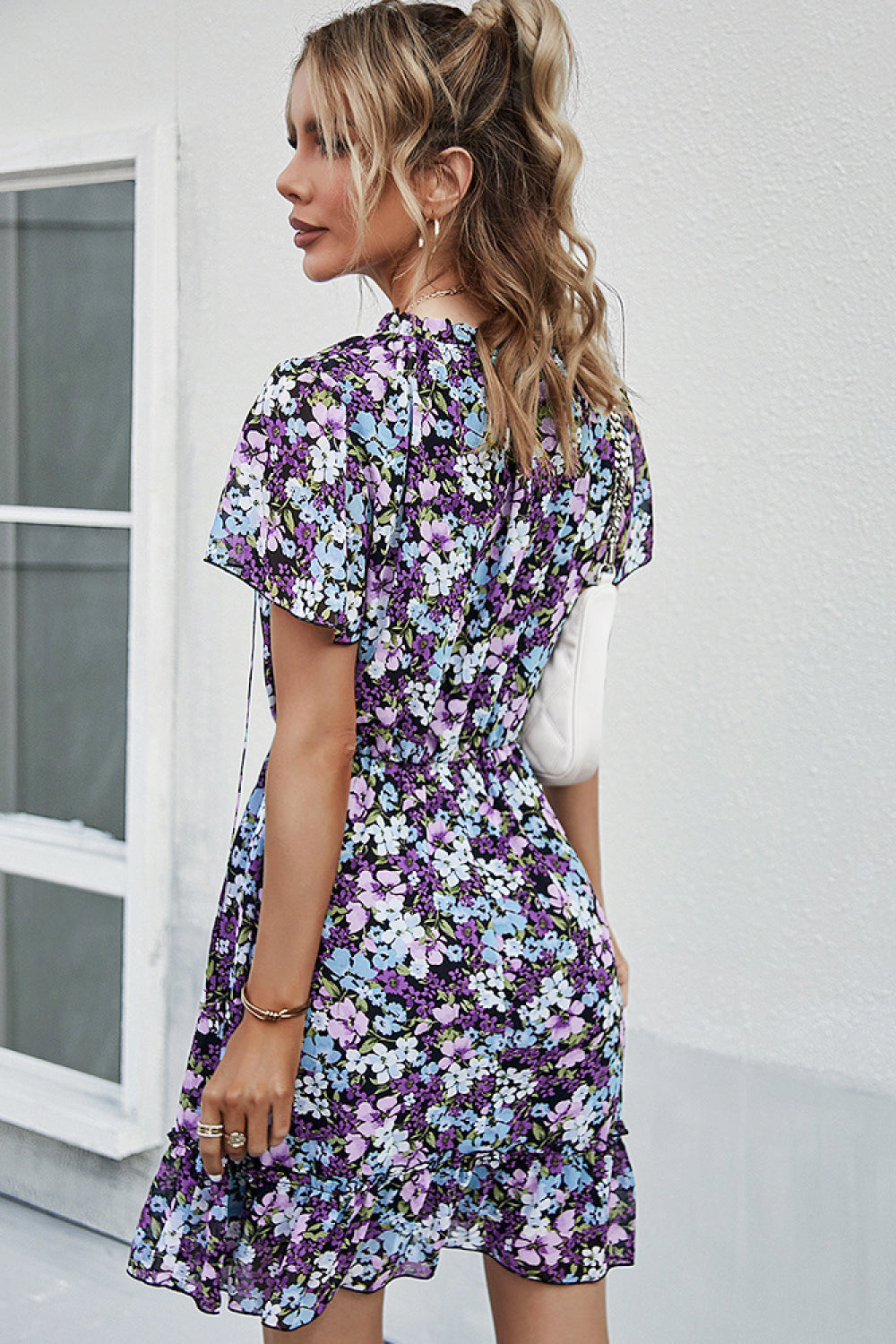 Floral Tie Neck Elastic Waist Mini Dress