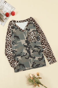 Leopard Camouflage Print V-Neck Long Sleeve Tee