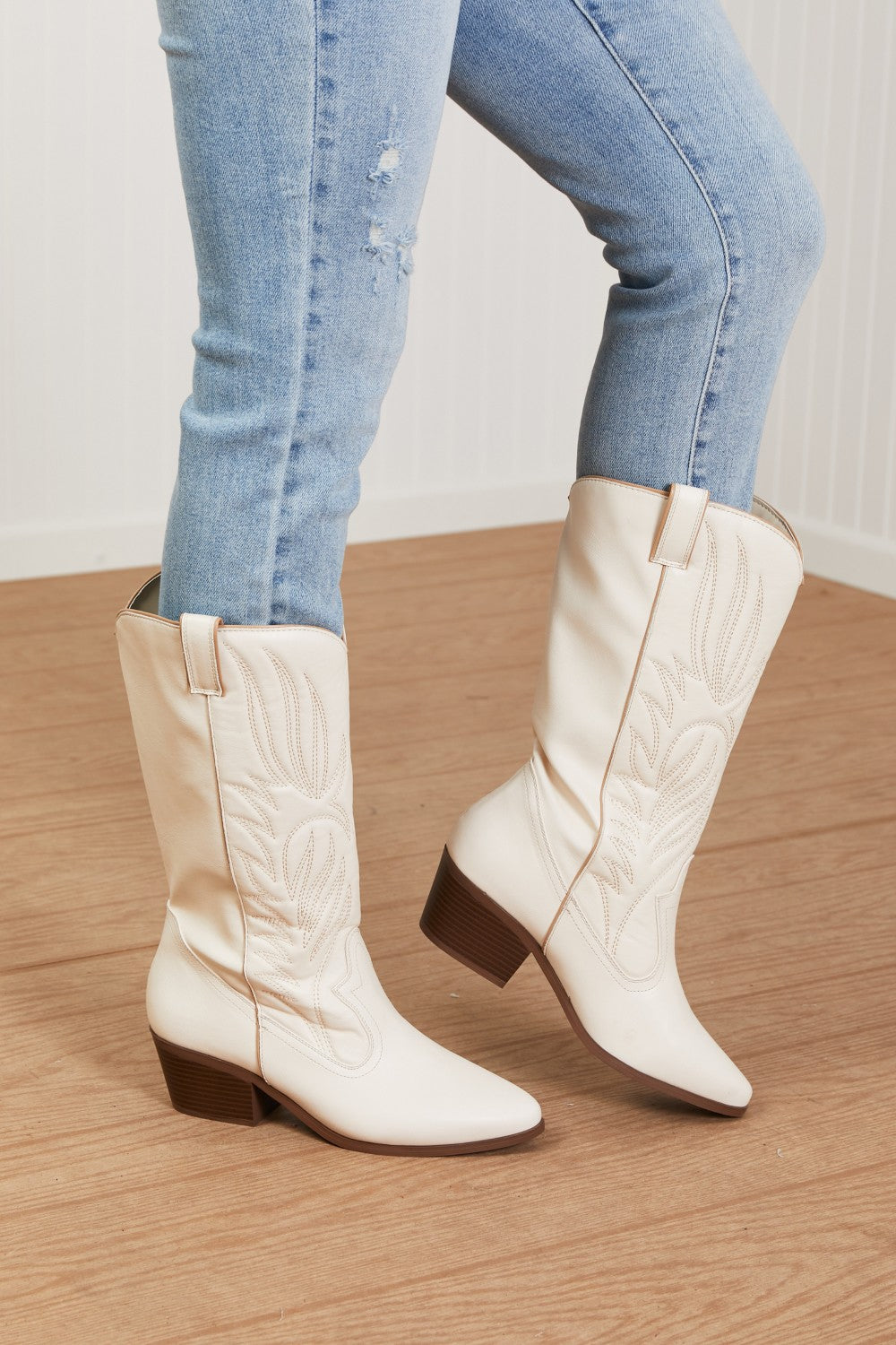 Qupid Mountain Fever Mid-Calf Cowboy Boots in Stone