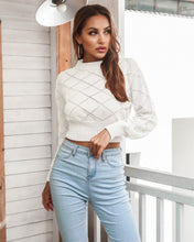 Load image into Gallery viewer, Openwork Ribbed Trim Long Sleeve Cropped Sweater
