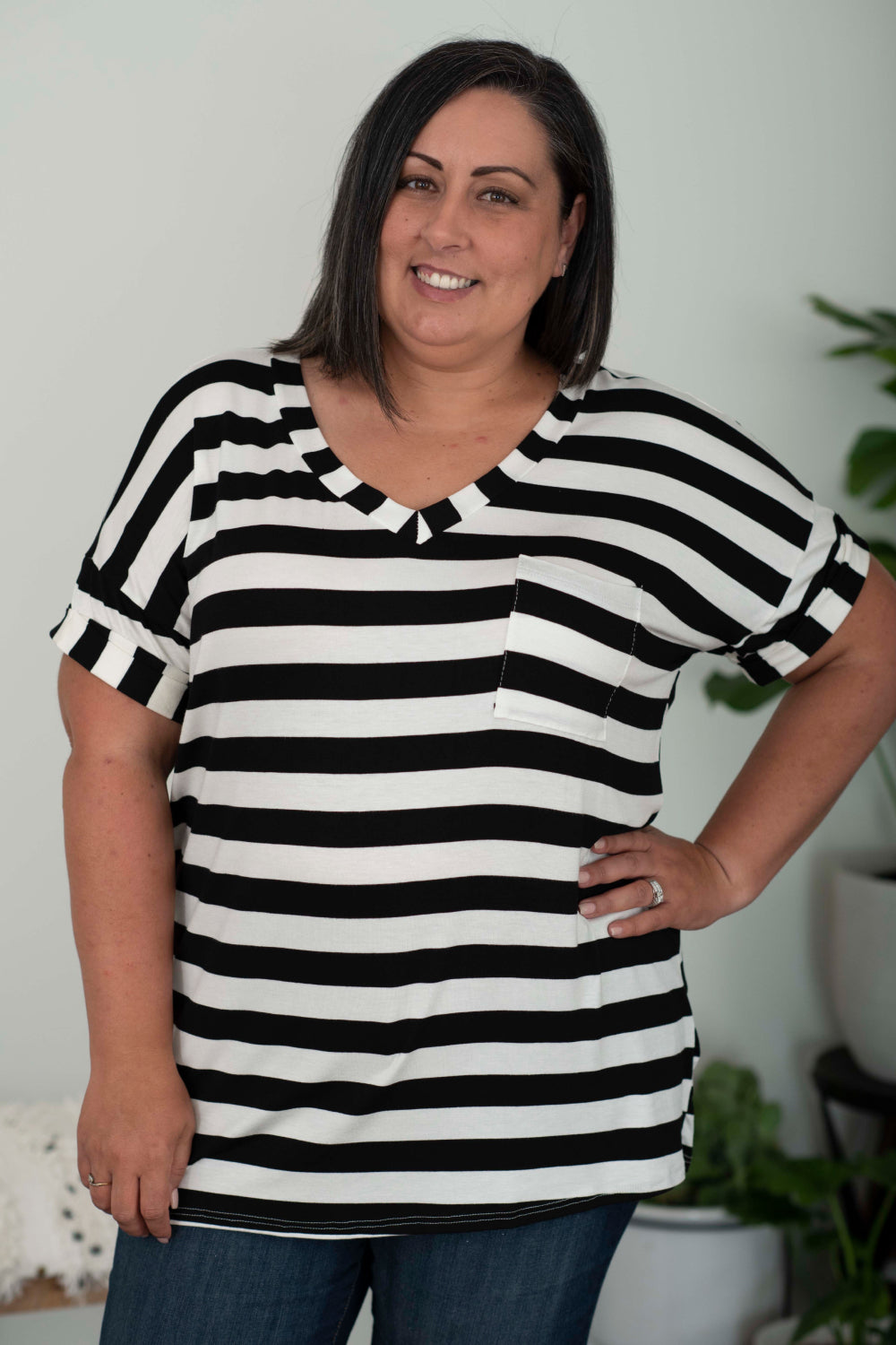 Sew In Love Out and About Full Size Striped Pocket Tee in Black and Ivory