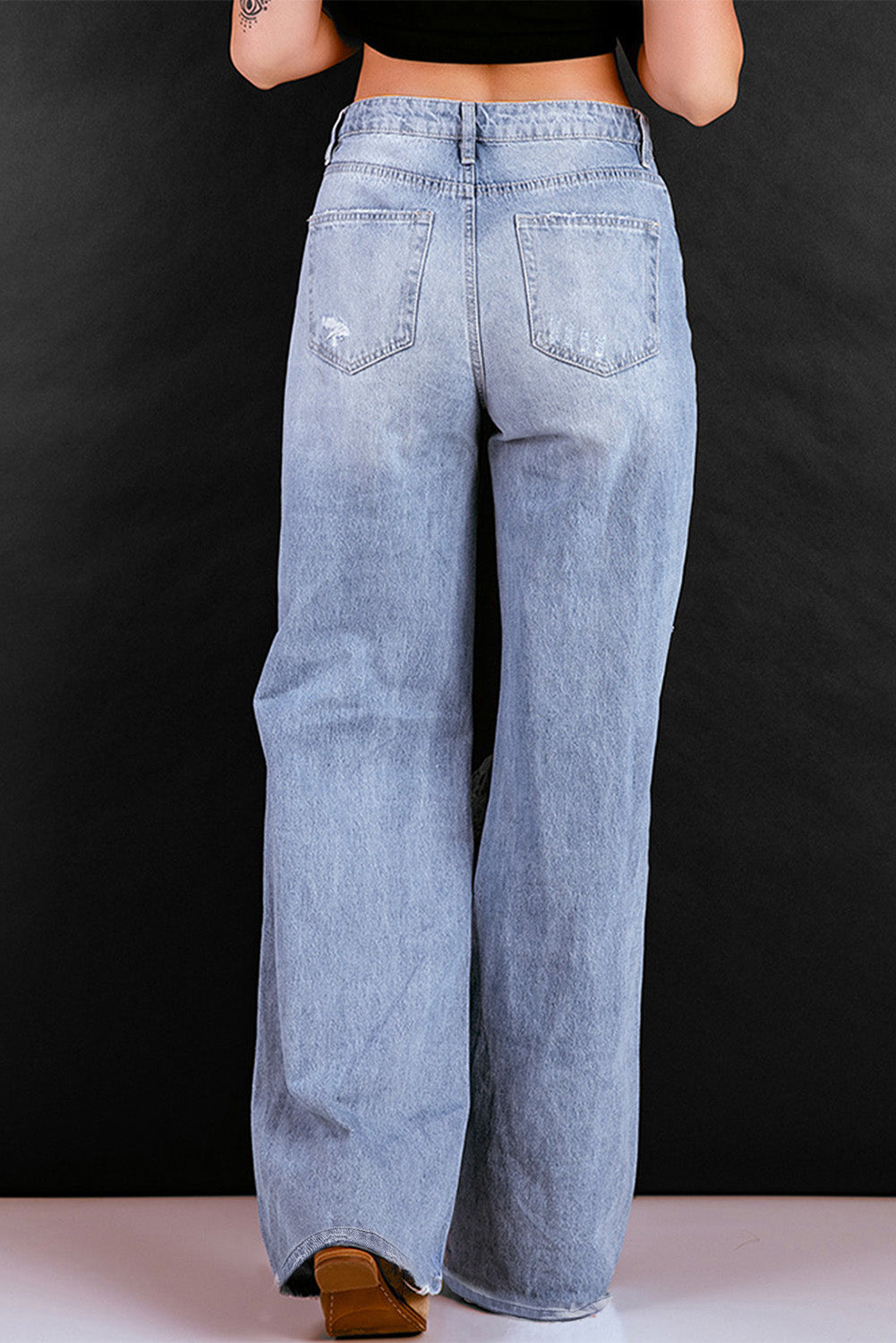 High Waist Distressed Wide Leg Jeans with Pockets