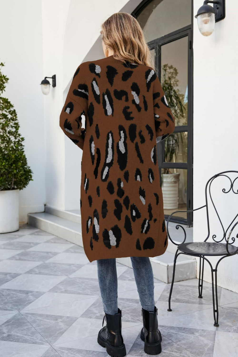 Animal Print Ribbed Trim Open Front Cardigan