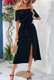 Tie-Waist Off-Shoulder Split Dress