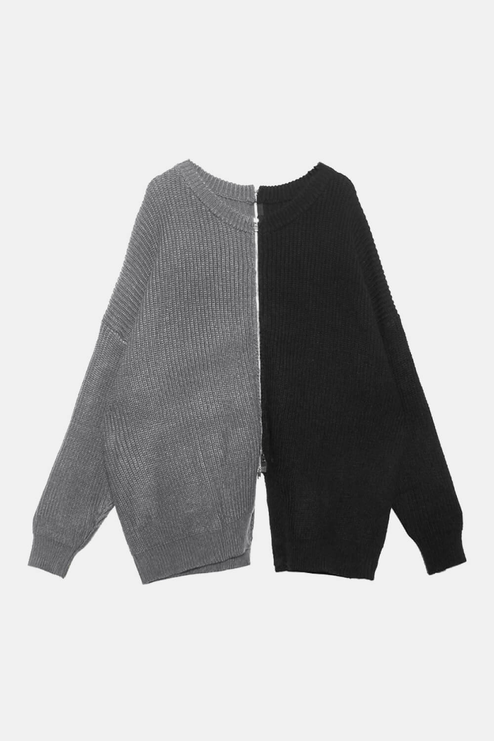 Two-Tone Round Neck Slit Rib-Knit Sweater