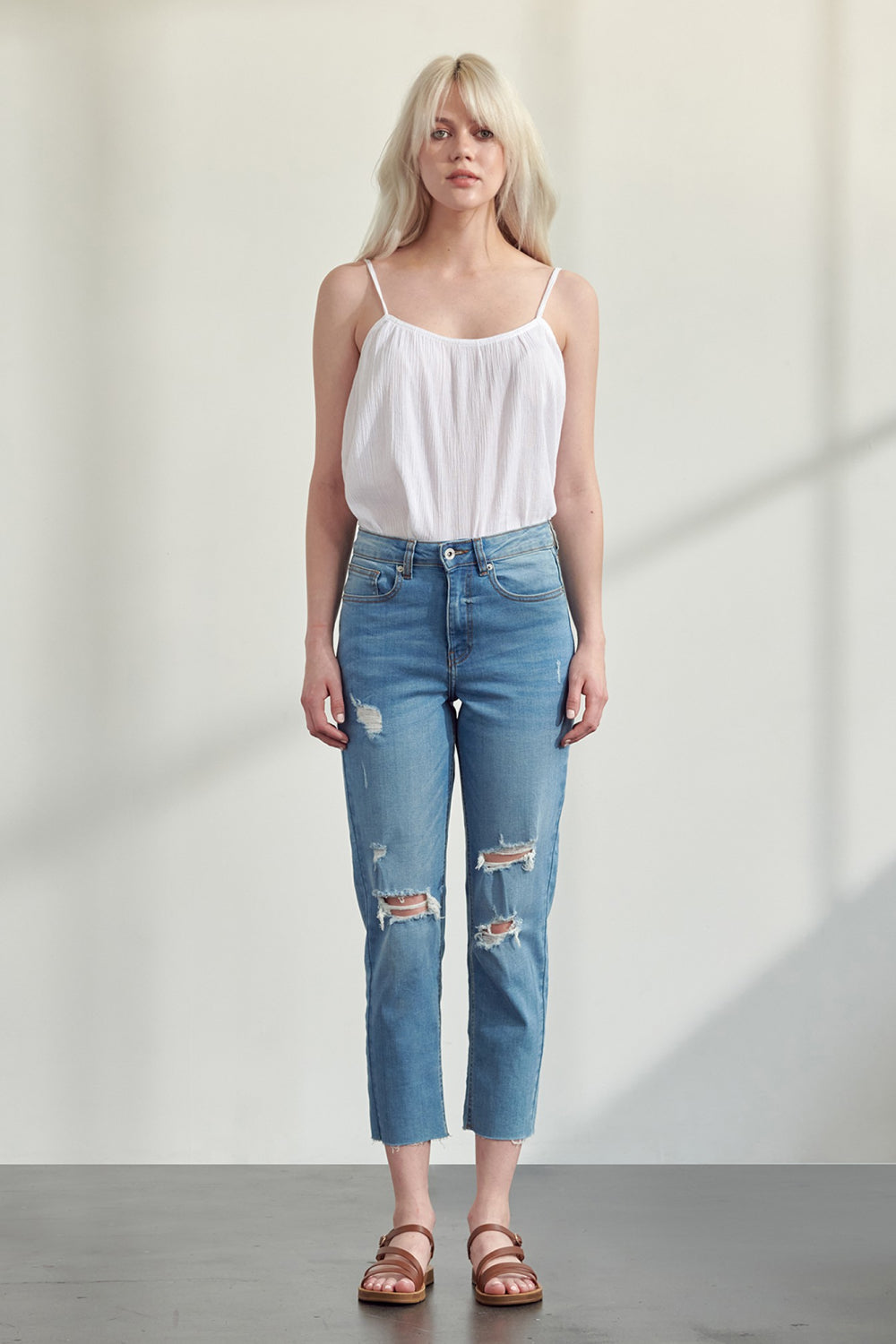 Muselooks Distressed High-Rise Raw Hem Cropped Jeans