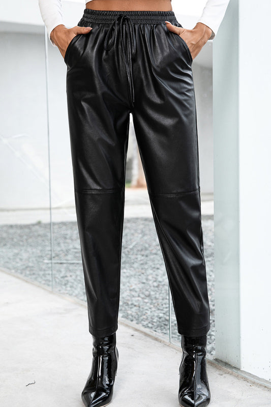 Seamed Elastic Waist PU Leather Pants