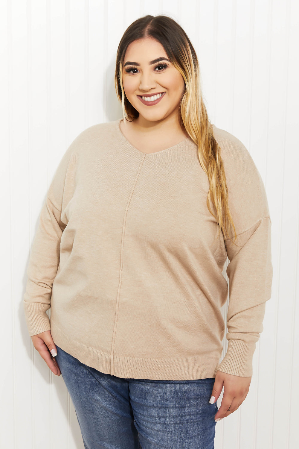 Zenana Hello Fall Full Size Center Seam Sweater in Beige